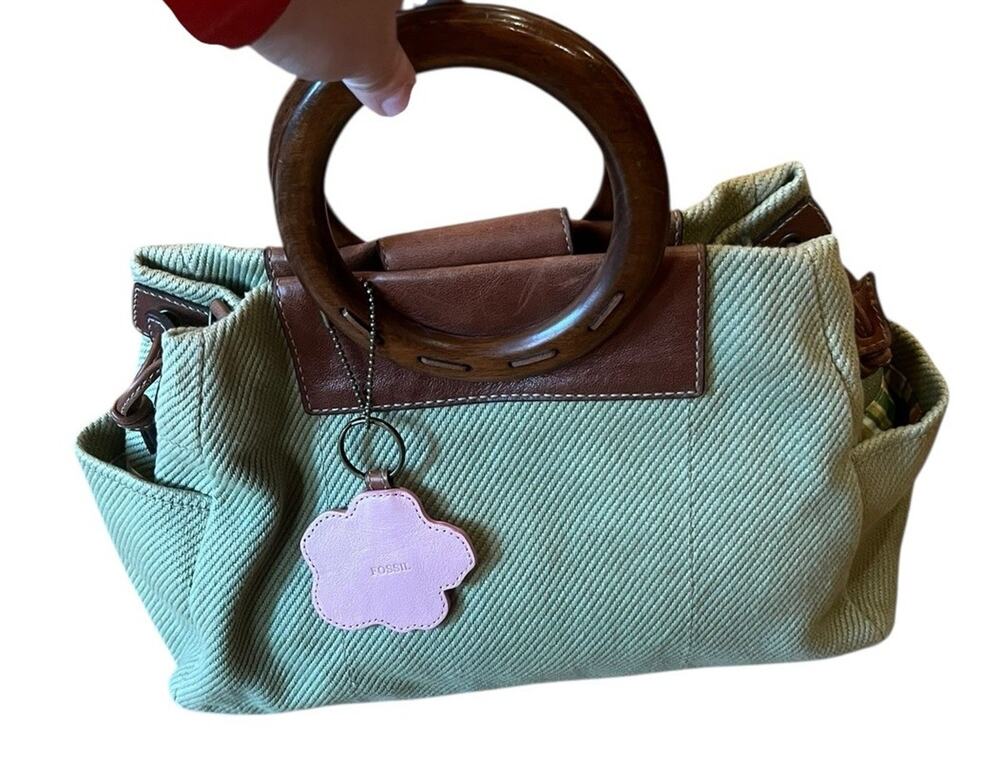 Fossil Wood Handle Rings purse Green Canvas Floral Logo Striped Lining